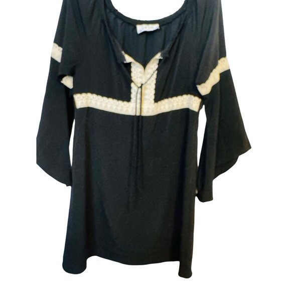 2/$30 VaVa Medium Boho Black & Ivory Tunic Mini Dress Lace Trim Bell Sleeves - Picture 15 of 16
